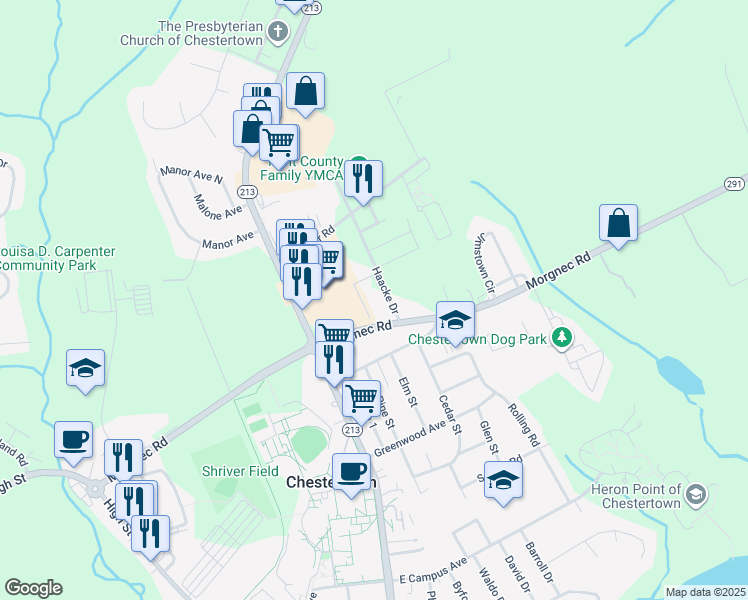 map of restaurants, bars, coffee shops, grocery stores, and more near 200 Morgnec Road in Chestertown