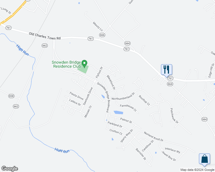 map of restaurants, bars, coffee shops, grocery stores, and more near 105 Barrel Way in Stephenson