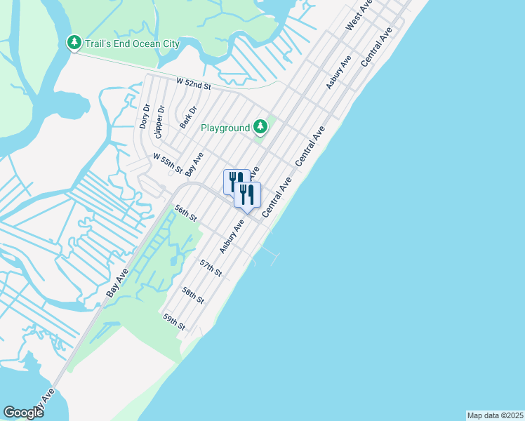 map of restaurants, bars, coffee shops, grocery stores, and more near 5432 Central Avenue in Ocean City