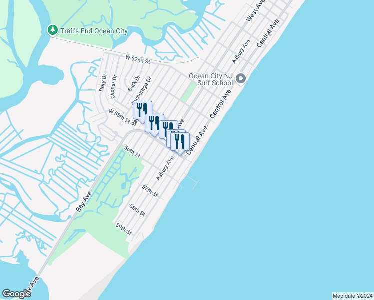 map of restaurants, bars, coffee shops, grocery stores, and more near 5432 Central Avenue in Ocean City