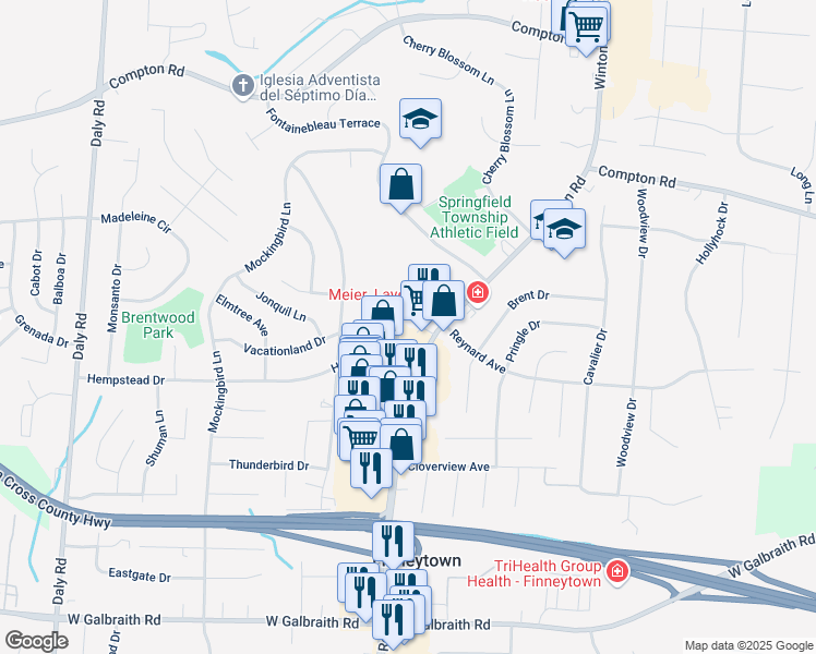 map of restaurants, bars, coffee shops, grocery stores, and more near 940 Hollytree Drive in Cincinnati