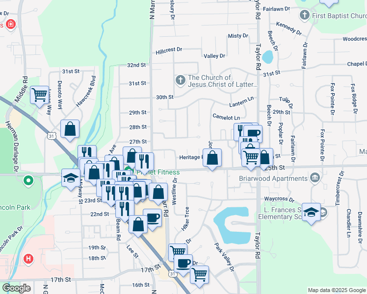 map of restaurants, bars, coffee shops, grocery stores, and more near 2620 Stahr Lane in Columbus