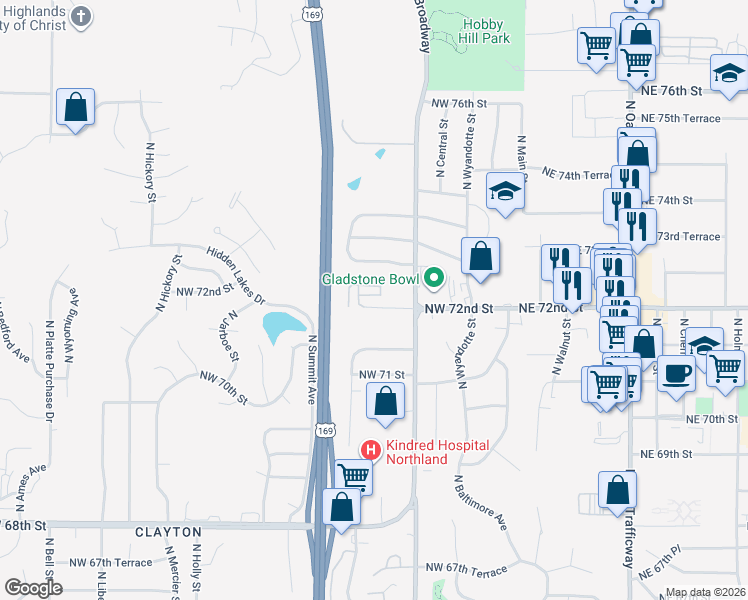 map of restaurants, bars, coffee shops, grocery stores, and more near 7222 North Washington Street in Kansas City