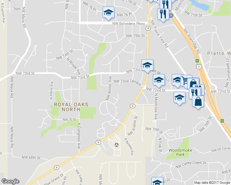 map of restaurants, bars, coffee shops, grocery stores, and more near 7155 Northwest Chapel Woods Circle in Kansas City