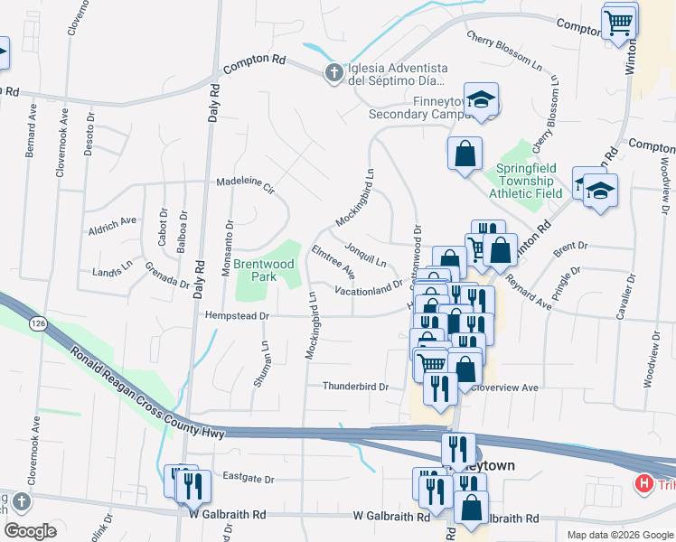 map of restaurants, bars, coffee shops, grocery stores, and more near 8663 Elmtree Avenue in Cincinnati