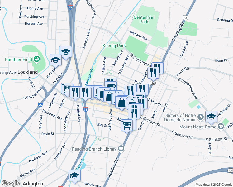 map of restaurants, bars, coffee shops, grocery stores, and more near 219 Pearl Street in Cincinnati
