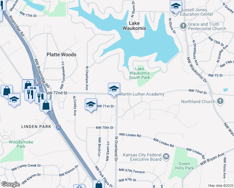 map of restaurants, bars, coffee shops, grocery stores, and more near 5207 Northwest 72nd Street in Kansas City