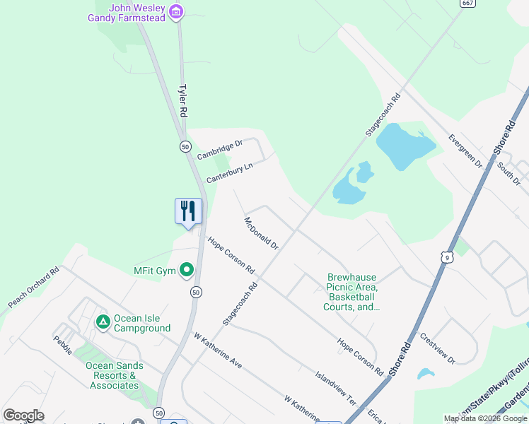 map of restaurants, bars, coffee shops, grocery stores, and more near 12 Williams Way in Ocean View