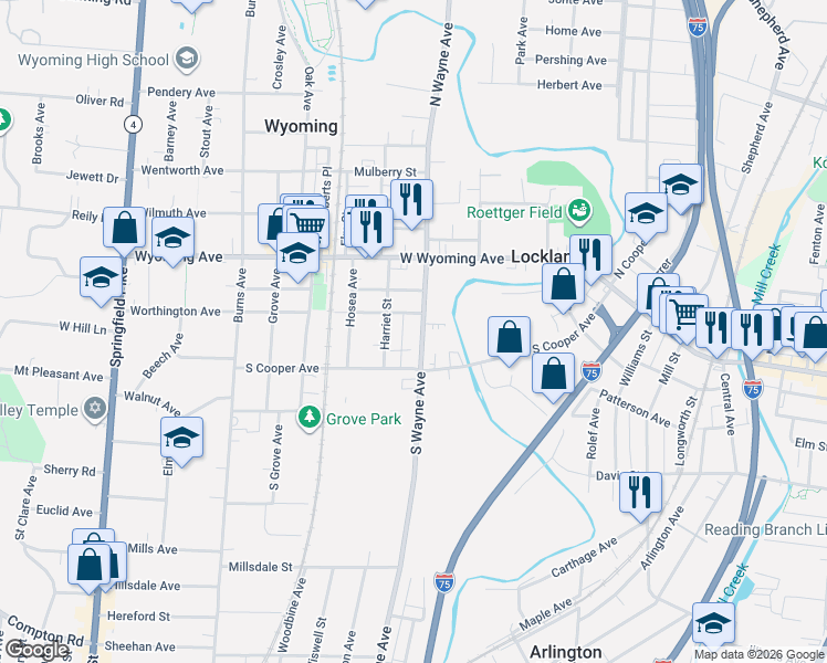 map of restaurants, bars, coffee shops, grocery stores, and more near 214 Harriet Street in Cincinnati