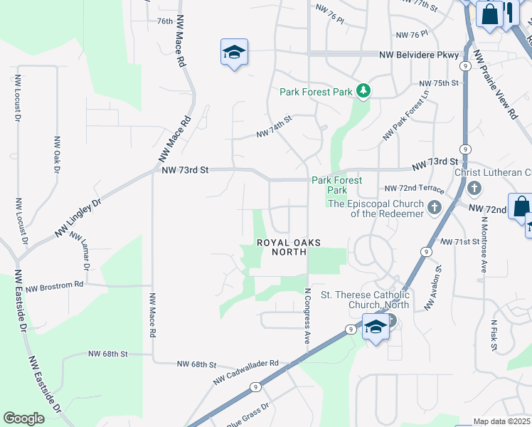 map of restaurants, bars, coffee shops, grocery stores, and more near 7122 Northwest Rhode Avenue in Kansas City
