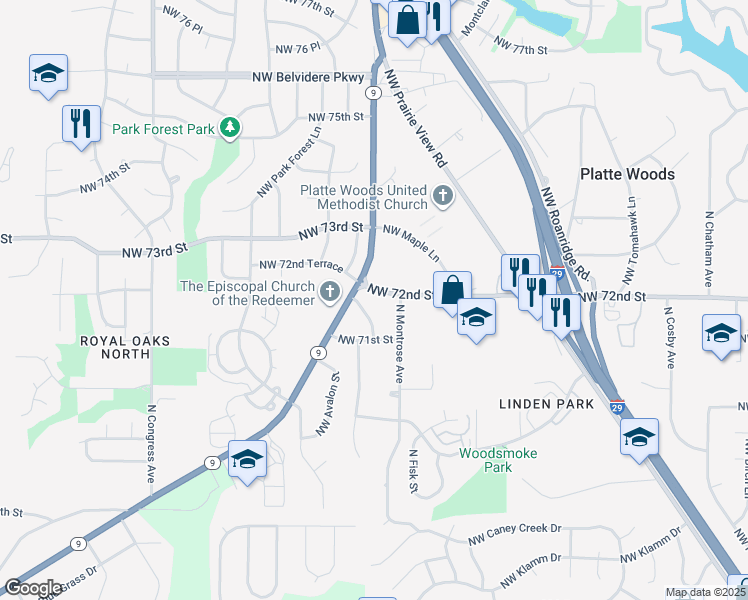 map of restaurants, bars, coffee shops, grocery stores, and more near 6707 Northwest 72nd Street in Kansas City