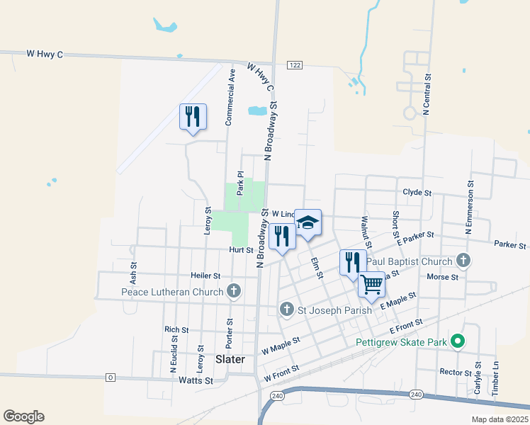 map of restaurants, bars, coffee shops, grocery stores, and more near 298 West Lincoln Street in Slater