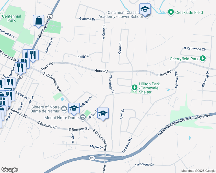 map of restaurants, bars, coffee shops, grocery stores, and more near 1317 Thurnridge Drive in Cincinnati