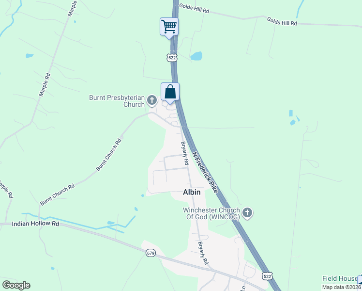 map of restaurants, bars, coffee shops, grocery stores, and more near 411 Bryarly Road in Winchester