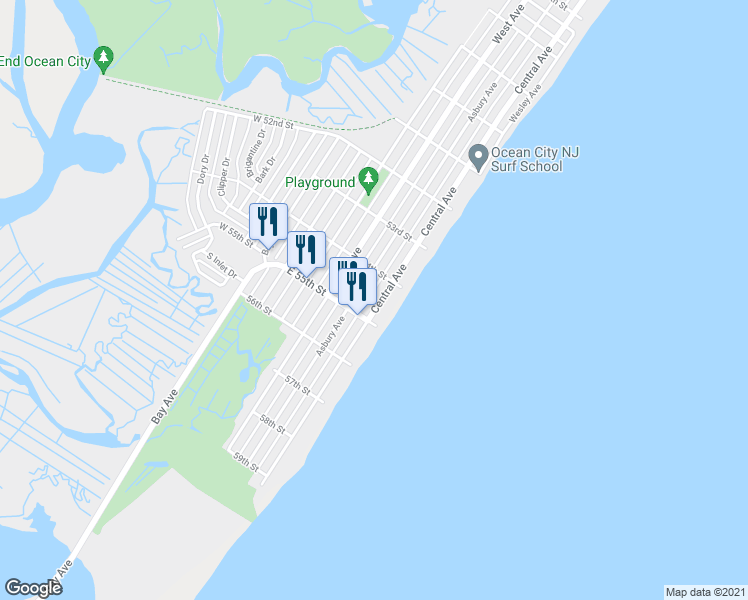 map of restaurants, bars, coffee shops, grocery stores, and more near 5426 Central Avenue in Ocean City