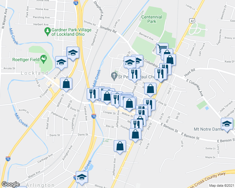 map of restaurants, bars, coffee shops, grocery stores, and more near 319 Pearl Street in Cincinnati