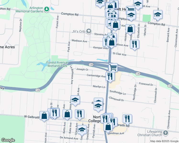 map of restaurants, bars, coffee shops, grocery stores, and more near 1631 Joseph Court in Cincinnati