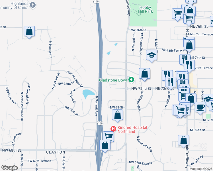 map of restaurants, bars, coffee shops, grocery stores, and more near 527 Northwest 72nd Court in Kansas City