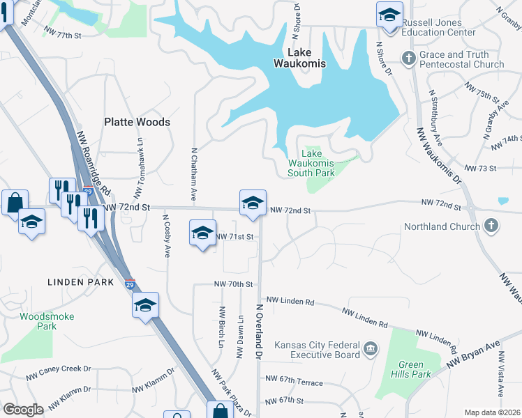 map of restaurants, bars, coffee shops, grocery stores, and more near 5207 Northwest 72nd Street in Kansas City