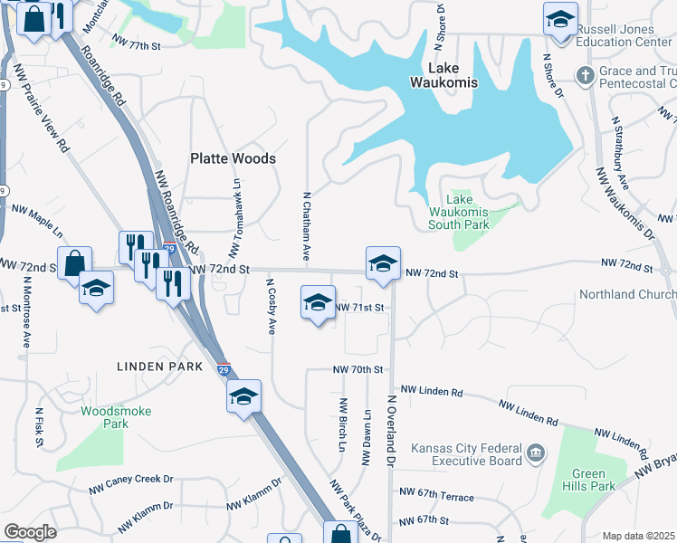 map of restaurants, bars, coffee shops, grocery stores, and more near 5305 Northwest 72nd Street in Kansas City