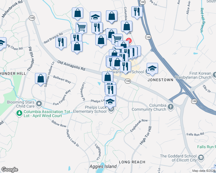 map of restaurants, bars, coffee shops, grocery stores, and more near 5320 Phelps Luck Drive in Columbia