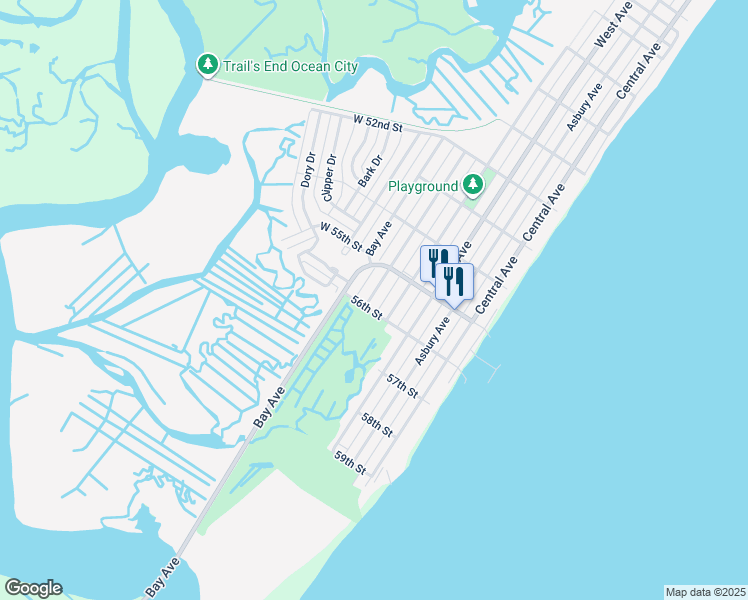 map of restaurants, bars, coffee shops, grocery stores, and more near 5539 Simpson Avenue in Ocean City