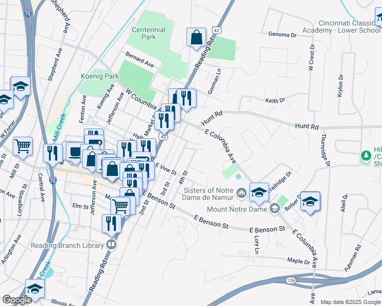 map of restaurants, bars, coffee shops, grocery stores, and more near 1317 4th Street in Cincinnati