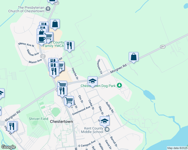 map of restaurants, bars, coffee shops, grocery stores, and more near 408 Morgnec Road in Chestertown