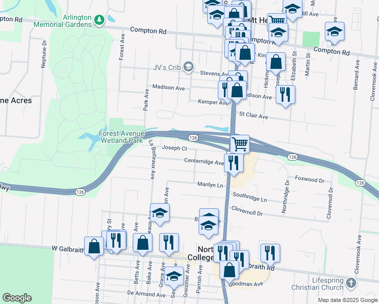 map of restaurants, bars, coffee shops, grocery stores, and more near 1631 Joseph Court in Cincinnati
