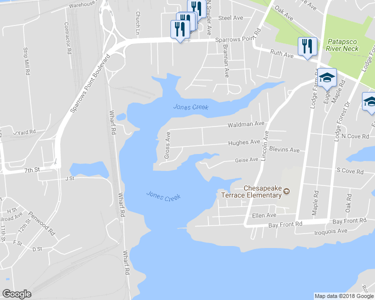 map of restaurants, bars, coffee shops, grocery stores, and more near 7225 Hughes Avenue in Sparrows Point