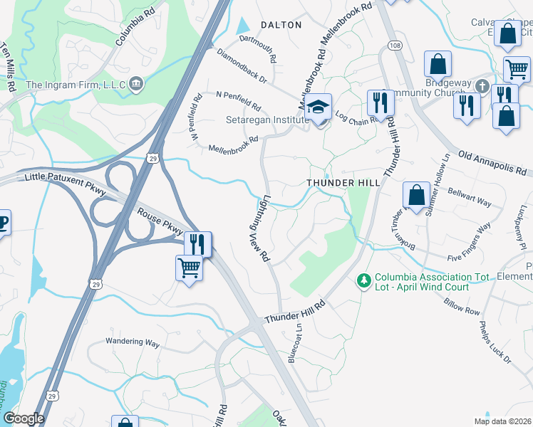 map of restaurants, bars, coffee shops, grocery stores, and more near 5305 Lightning View Road in Columbia