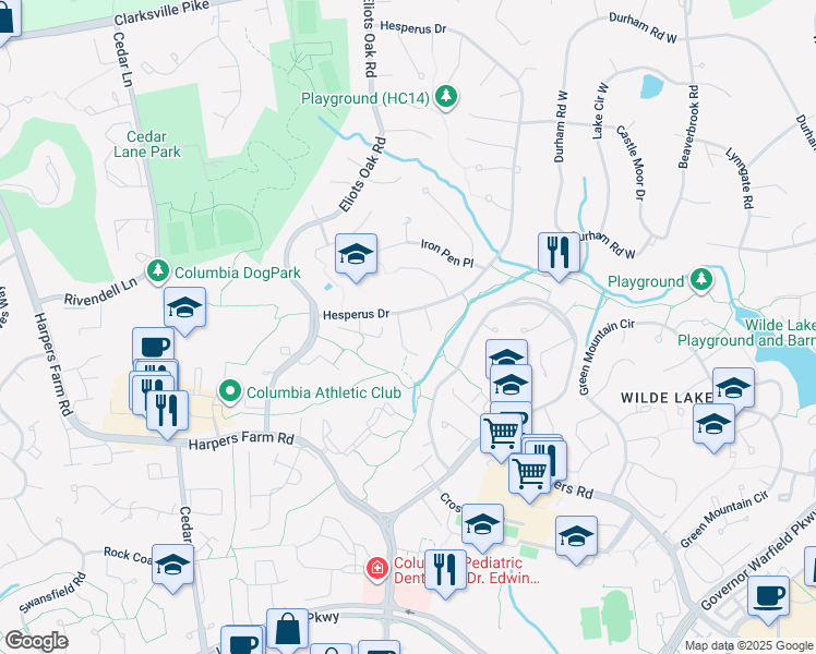 map of restaurants, bars, coffee shops, grocery stores, and more near 5435 Endicott Lane in Columbia