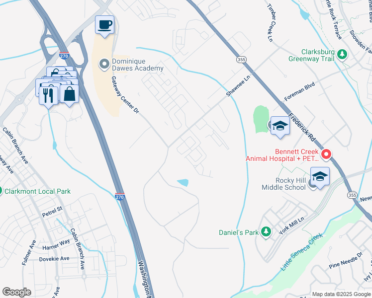 map of restaurants, bars, coffee shops, grocery stores, and more near Phillips Street in Clarksburg