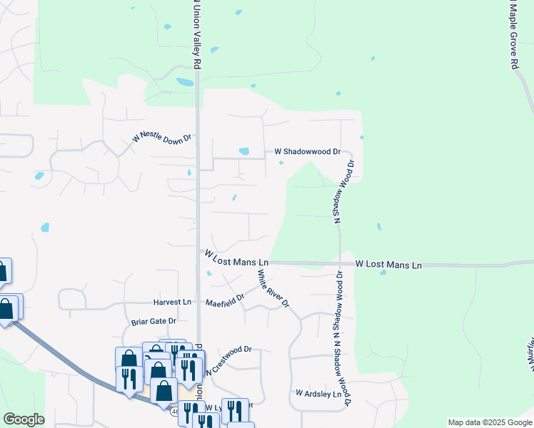 map of restaurants, bars, coffee shops, grocery stores, and more near 4901 West Truesdel Court in Bloomington