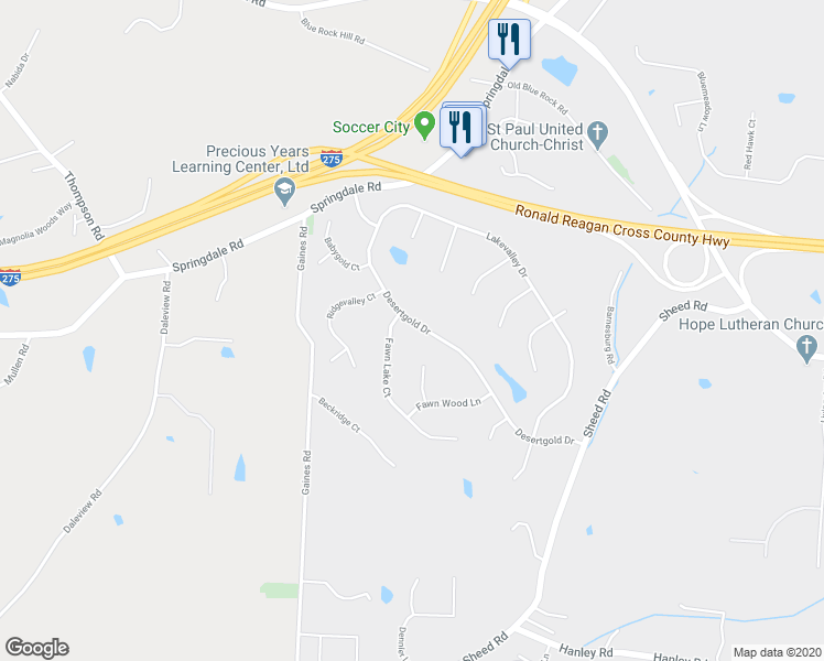 map of restaurants, bars, coffee shops, grocery stores, and more near 5631 Desertgold Drive in Cincinnati