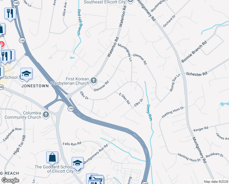 map of restaurants, bars, coffee shops, grocery stores, and more near Elko Drive in Ellicott City