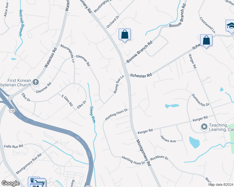 map of restaurants, bars, coffee shops, grocery stores, and more near 5233 Rising Sun Lane in Ellicott City