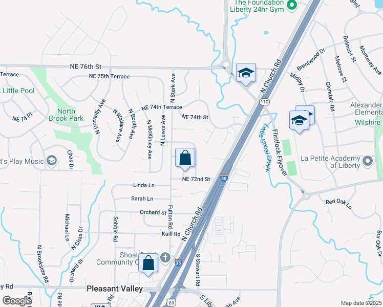 map of restaurants, bars, coffee shops, grocery stores, and more near 8806 Northeast 73rd Street in Kansas City