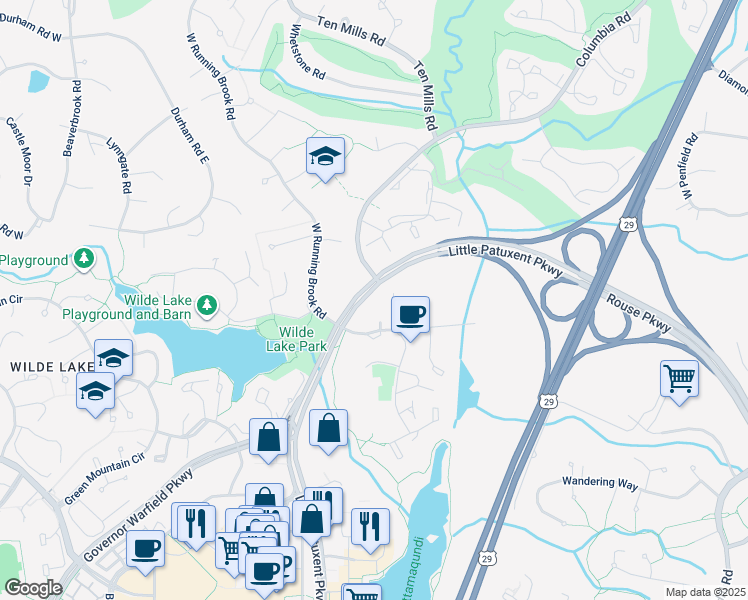 map of restaurants, bars, coffee shops, grocery stores, and more near 5364 Smooth Meadow Way in Columbia