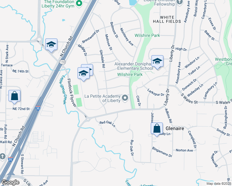 map of restaurants, bars, coffee shops, grocery stores, and more near 422 Kingsley Street in Liberty