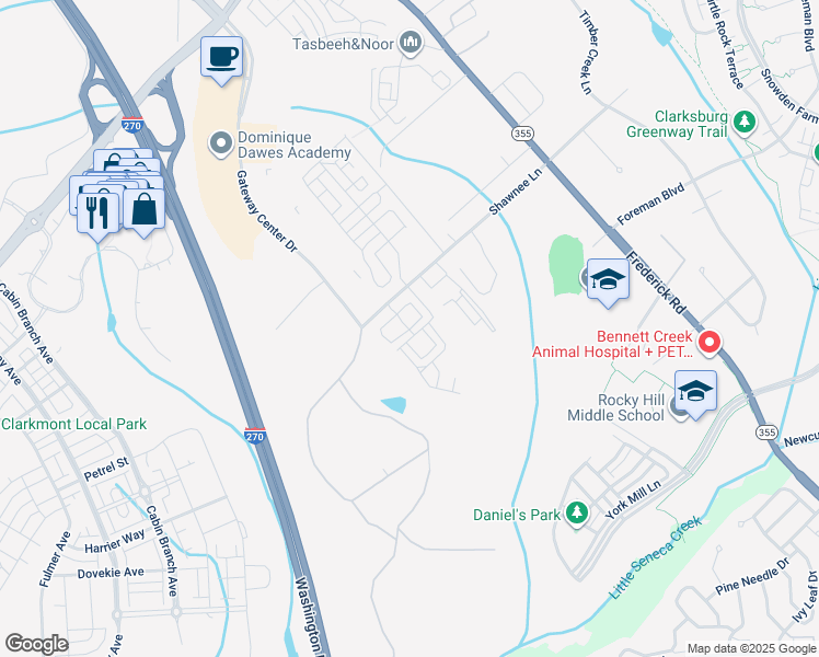 map of restaurants, bars, coffee shops, grocery stores, and more near Phillips Street in Clarksburg