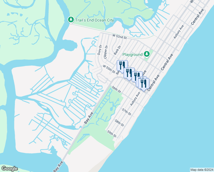 map of restaurants, bars, coffee shops, grocery stores, and more near 5614 Bay Avenue in Ocean City