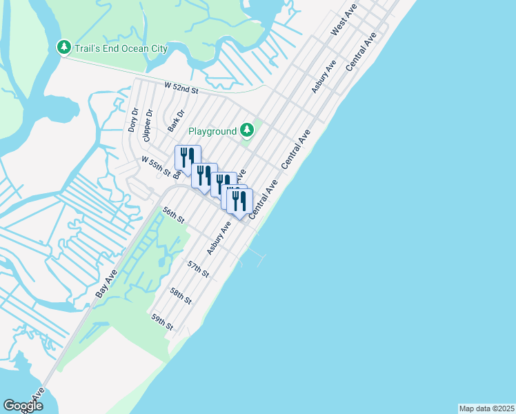 map of restaurants, bars, coffee shops, grocery stores, and more near 5426 Central Avenue in Ocean City