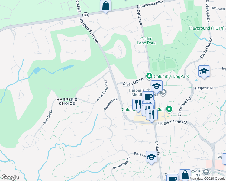 map of restaurants, bars, coffee shops, grocery stores, and more near 5226 Harpers Farm Road in Columbia