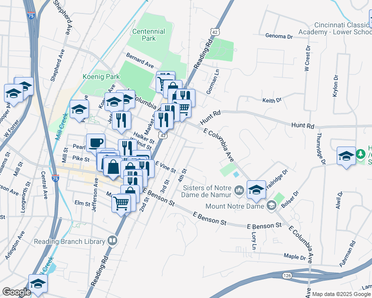 map of restaurants, bars, coffee shops, grocery stores, and more near 1317 4th Street in Cincinnati
