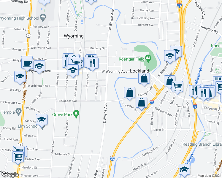 map of restaurants, bars, coffee shops, grocery stores, and more near 210 South Wayne Avenue in Cincinnati