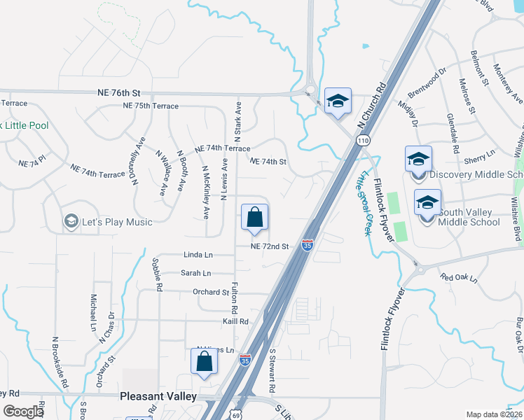 map of restaurants, bars, coffee shops, grocery stores, and more near 8806 Northeast 73rd Street in Kansas City