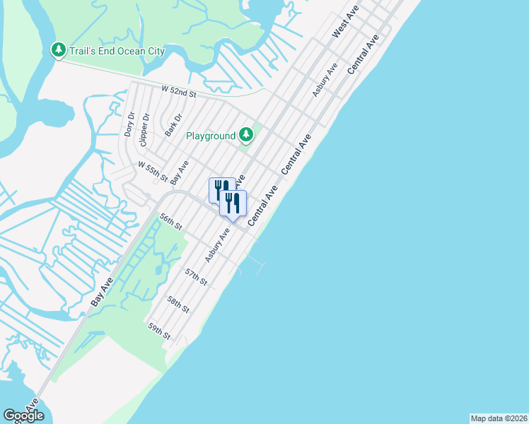 map of restaurants, bars, coffee shops, grocery stores, and more near 5405 Central Avenue in Ocean City