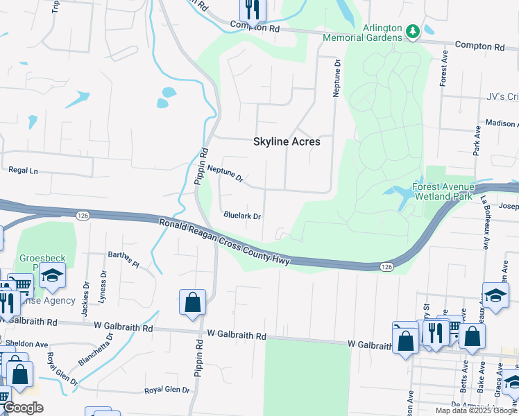 map of restaurants, bars, coffee shops, grocery stores, and more near 8517 Sunlight Drive in Cincinnati