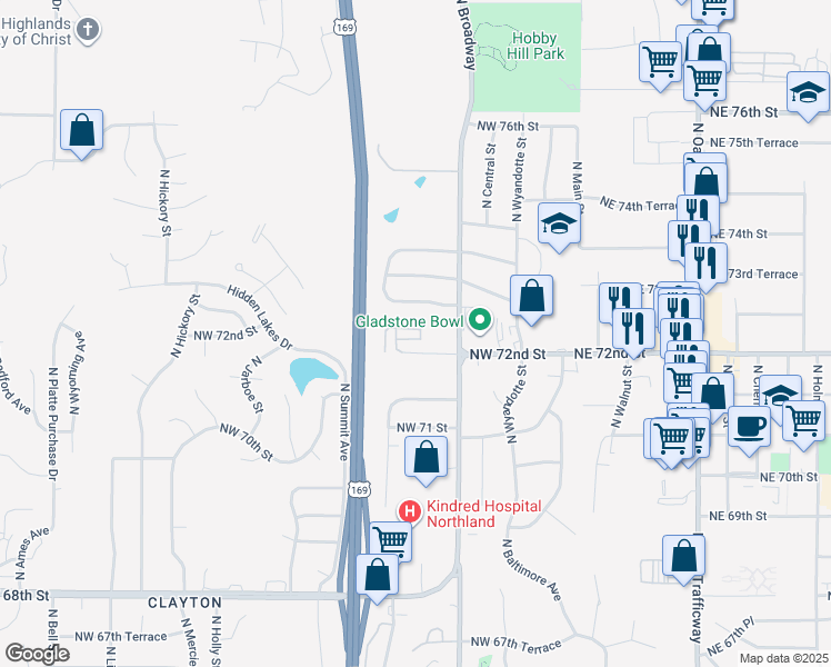 map of restaurants, bars, coffee shops, grocery stores, and more near 7222 North Washington Street in Kansas City